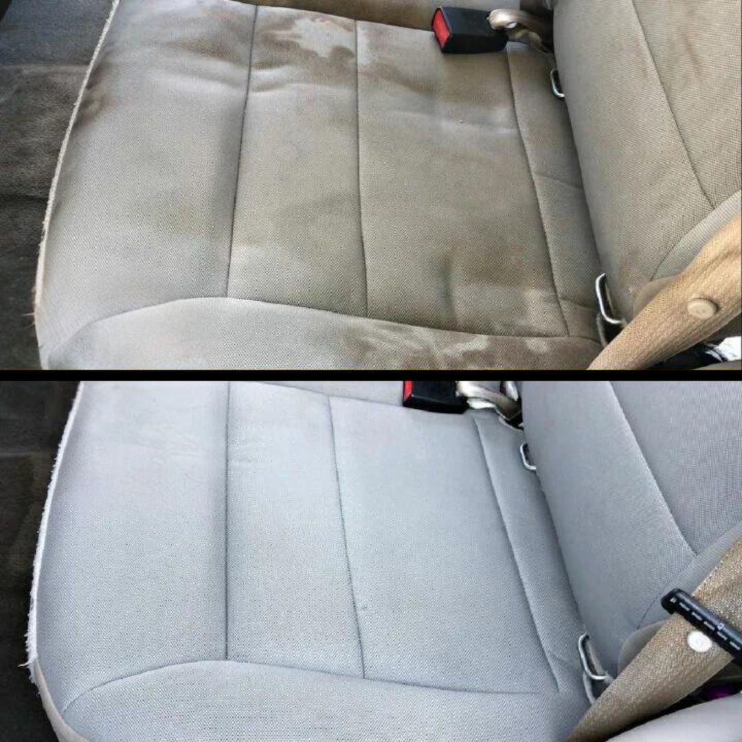 Banco de carro mostrando antes e depois da limpeza com Cleaner Tecidos Clean2GO