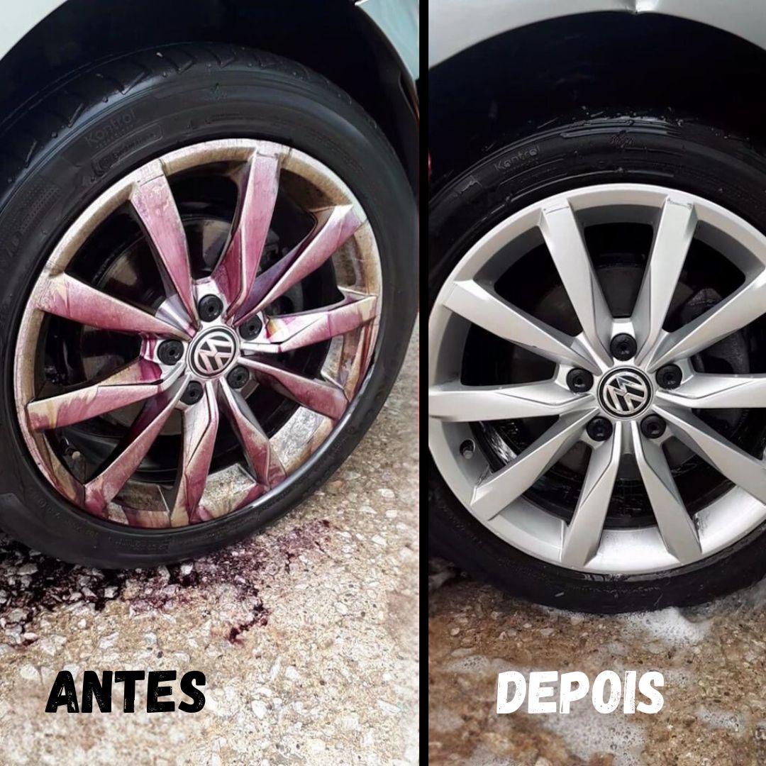 Jantes limpas e brilhantes após uso do Cleaner Jantes Clean2GO, mostrando eficácia na remoção de sujeira e partículas de metal